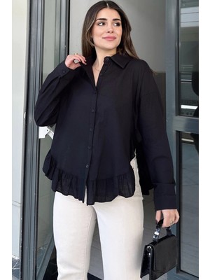 New Laviva Kadın Siyah Eteği Fırfır ve Yırtmaç Detaylı, Terletmez Rahat Kumaş, Salaş Gömlek