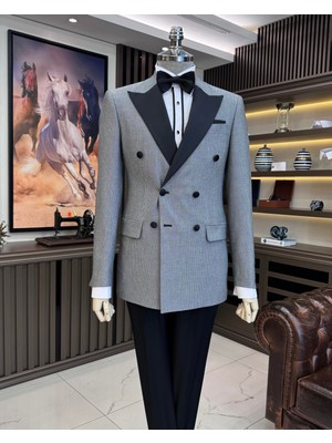 Terzi Adem Altun İtalyan stil slim fit geometrik desen kruvaze ceket pantolon damatlık set siyah T11570