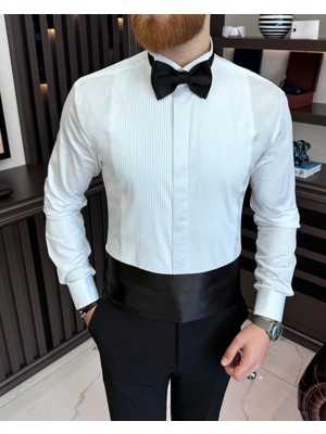Terzi Adem Altun Italyan Stil Slim Fit Ata Yaka Duble Manşet Erkek Gömlek Beyaz T11601