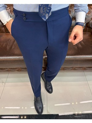 Terzi Adem Altun Italyan Stil Slim Fit Bel Detaylı Erkek Pantolon Lacivert T11428