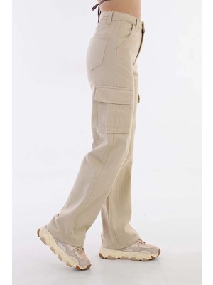 Asortix Kız Çocuk Kargo Cep Detaylı Yüksek Bel Wide Leg Krem Pantolon-PNT-0029