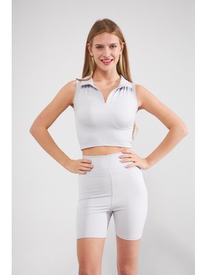 Camenta Gri Polo Yaka Sıfır Kol Scuba Crop Tayt Alt-Üst Takım