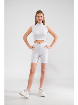 Camenta Gri Balıkçı Yaka Sıfır Kol Scuba Crop Dikiş Detaylı Tayt Alt-Üst Takım