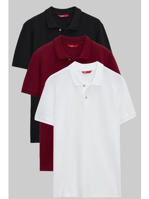 D'S Damat Regular Fit Siyah/Bordo/Beyaz Pike Dokulu %100 Pamuk Polo Yaka T-Shirt 6HC14ORTBN510