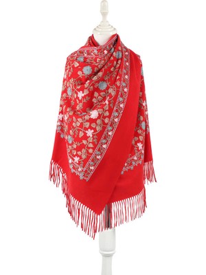 Bursa İpek Kırmızı Nakışlı Kışlık Şal