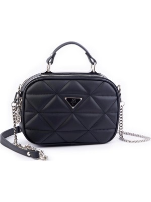 Nas Bag Zincirli Kapitone Çift Gözlü El ve Çapraz Çanta Siyah   Dona ( 21X16 cm )