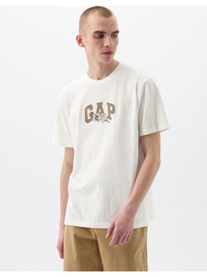 Erkek Beyaz Gap Çiçek Işlemeli Logo T-Shirt