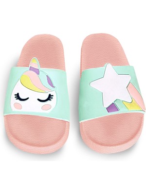 Denokids Kız Çocuk Terlik Unicorn Desenli Pembe Renk Düz Taban Yaz İçin Konforlu Kullanım