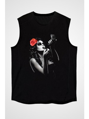 Darkhane Makyaj Yapan Kız Siyah Unisex Kolsuz Tişört Kesik Kol T-Shirt