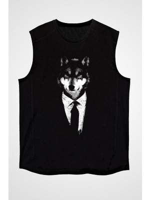 Darkhane Takım Elbiseli Kurt Siyah Unisex Kolsuz Tişört Kesik Kol T-Shirt