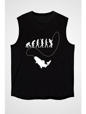 Darkhane Balıkçı Balıkçılık Siyah Unisex Kolsuz Tişört Kesik Kol T-Shirt