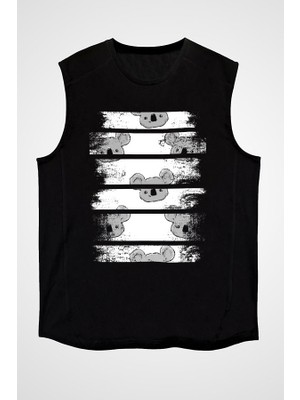 Darkhane Gri Sevimli Koala Siyah Unisex Kolsuz  Kesik Kol T-Shirt