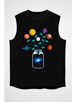 Darkhane Vazodaki Gezegenler Siyah Unisex Kolsuz  Kesik Kol T-Shirt