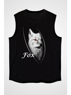 Darkhane Tilki Fox Siyah Unisex Kolsuz Tişört Kesik Kol T-Shirt