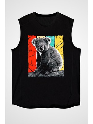 Darkhane Sevimli Koala Siyah Unisex Kolsuz Tişört Kesik Kol T-Shirt