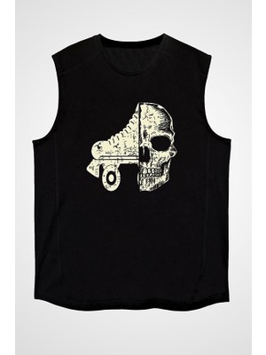 Darkhane Paten ve Kurukafa Siyah Unisex Kolsuz  Kesik Kol T-Shirt