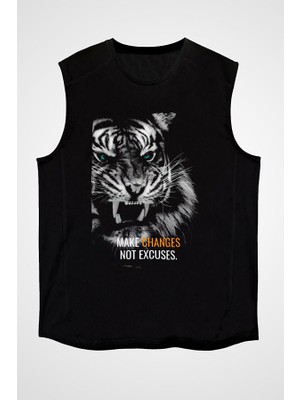 Darkhane Kaplan Mazeret Üretme Siyah Unisex Kolsuz Tişört Kesik Kol T-Shirt