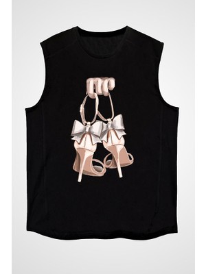 Darkhane Arkadan Fiyonklu Stiletto Fashion Siyah Unisex Kolsuz Tişört Kesik Kol T-Shirt