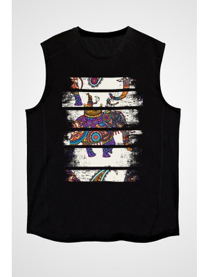 Darkhane Buta Desenli Fil Siyah Unisex Kolsuz Tişört Kesik Kol T-Shirt