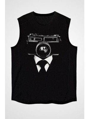 Darkhane Fotoğraf Makinesi Siyah Unisex Kolsuz Tişört Kesik Kol T-Shirt