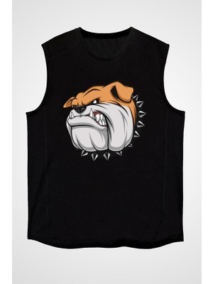 Darkhane Kızgın Bulldog Siyah Unisex Kolsuz Tişört Kesik Kol T-Shirt