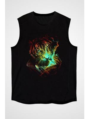 Darkhane Sigara Içen Kaplan Siyah Unisex Kolsuz Tişört Kesik Kol T-Shirt