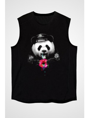 Darkhane Polis Panda Siyah Unisex Kolsuz Tişört Kesik Kol T-Shirt