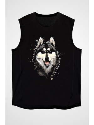 Darkhane Sanatsal Sibirya Kurdu Husky Haski Siyah Unisex Kolsuz Tişört Kesik Kol T-Shirt