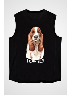 Darkhane Uçabilirim Base Basset Hound Siyah Unisex Kolsuz Tişört Kesik Kol T-Shirt