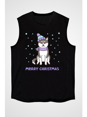 Darkhane Yılbaşı Sibirya Kurdu Husky Haski Siyah Unisex Kolsuz Tişört Kesik Kol T-Shirt