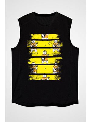Darkhane Gitar Çalan Ayı Siyah Unisex Kolsuz Tişört Kesik Kol T-Shirt