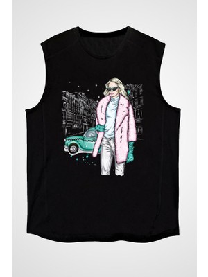 Darkhane Pembe Kürk Tarzlı Kız Fashion Siyah Unisex Kolsuz Tişört Kesik Kol T-Shirt