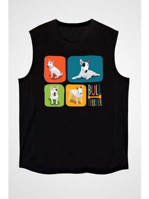 Darkhane Renkli Bull Teriyer Siyah Unisex Kolsuz Tişört Kesik Kol T-Shirt