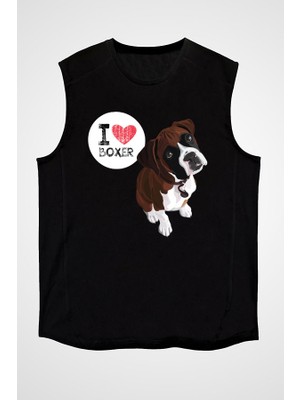 Darkhane Boxer Seviyorum Siyah Unisex Kolsuz Tişört Kesik Kol T-Shirt