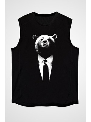 Darkhane Takım Elbiseli Ayı Siyah Unisex Kolsuz Tişört Kesik Kol T-Shirt