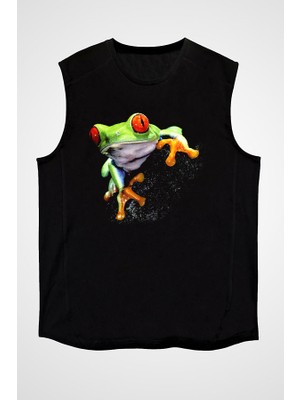 Darkhane Yeşil Kurbağa Siyah Unisex Kolsuz Tişört Kesik Kol T-Shirt