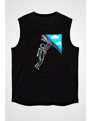 Darkhane Astronot Siyah Unisex Kolsuz Tişört Kesik Kol T-Shirt