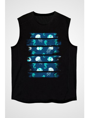 Darkhane Deniz Canlıları Siyah Unisex Kolsuz Tişört Kesik Kol T-Shirt