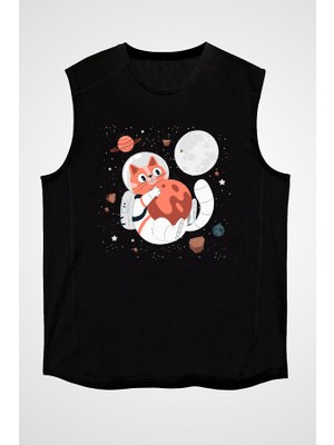 Darkhane Şirin Astronot Kedi Siyah Unisex Kolsuz Tişört Kesik Kol T-Shirt