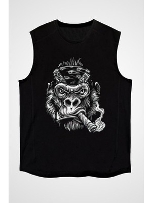 Darkhane Puro Içen Goril Siyah Unisex Kolsuz Tişört Kesik Kol T-Shirt