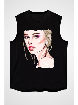 Darkhane Güzel Kız Siyah Unisex Kolsuz Tişört Kesik Kol T-Shirt