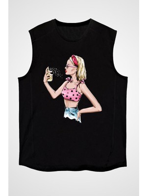 Darkhane Kokoş Kadın Moda Siyah Unisex Kolsuz Tişört Kesik Kol T-Shirt