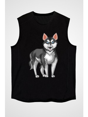 Darkhane Gökkuşağı ve Sibirya Kurdu Husky Haski Siyah Unisex Kolsuz Tişört Kesik Kol T-Shirt