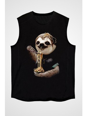 Darkhane Tembel Hayvan Yavaş Yeme Yarışması Siyah Unisex Kolsuz Tişört Kesik Kol T-Shirt