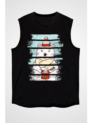 Darkhane Kahve Içen Kutup Ayısı Siyah Unisex Kolsuz Tişört Kesik Kol T-Shirt