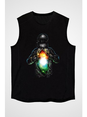 Darkhane Astronot Siyah Unisex Kolsuz Tişört Kesik Kol T-Shirt