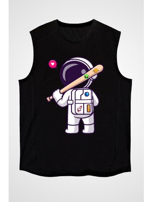 Darkhane Beyzbol Sopalı Astronot Siyah Unisex Kolsuz Tişört Kesik Kol T-Shirt