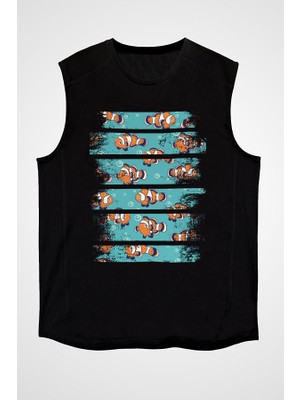 Darkhane Palyaço  Nemo Balığı Siyah Unisex Kolsuz Tişört Kesik Kol T-Shirt