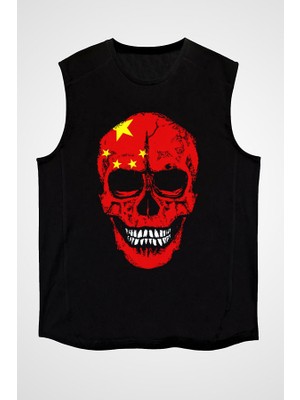 Darkhane Çin Kurukafa Siyah Unisex Kolsuz Tişört Kesik Kol T-Shirt