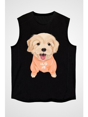 Darkhane Siyahl Bana Poodle Kaniş Siyah Unisex Kolsuz Tişört Kesik Kol T-Shirt